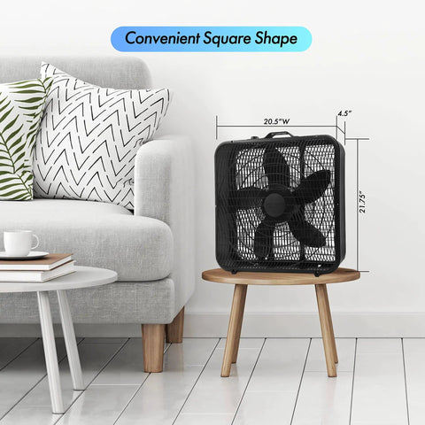 20 Inch Box Fan With Carry Handle 3 Speed Full Force Air Circulation Floor Fan For Home Bedroom Or Office displayed on a table