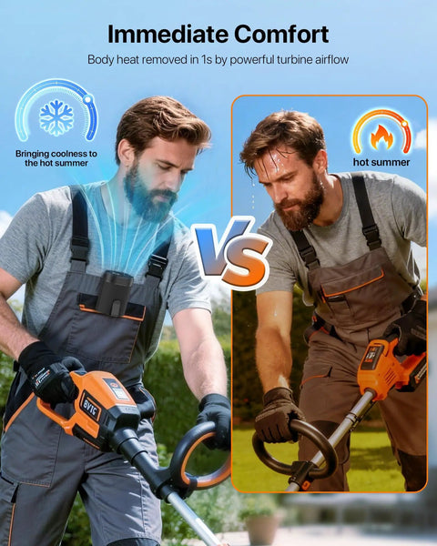 Comparison of man using a grass trimmer with and without Ultra Strong 6600RPM Portable Waist Fan for comfort in hot weather.