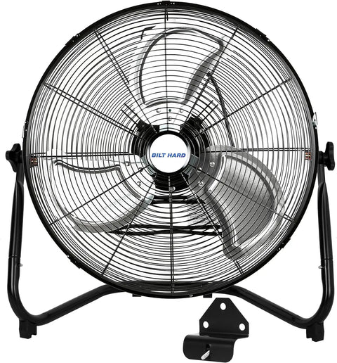High Velocity 20 Inch Floor Fan with three speed settings and heavy duty metal build, front view with wall mounting bracket