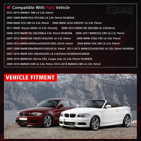 Image showing compatible BMW and Ford vehicles for engine coolant reservoir with cap replacement.