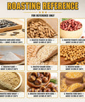 Roasting reference chart showing various roasted seeds and nuts with times and temperatures for each type, helpful for electric drum roaster.