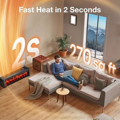 33 Inch Baseboard Heater 1500 Watts Delivering Straight Fire Warmth Via Wide Top Air Outlet And Smart Remote Thermostat in a cozy living room.