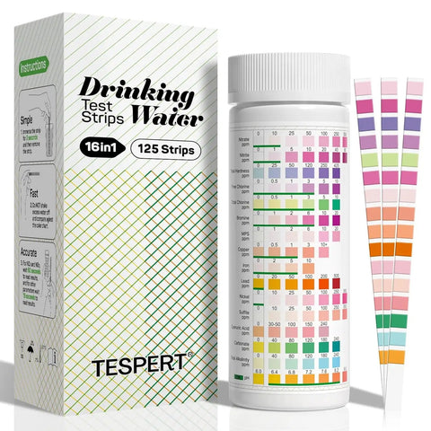 Front view of Drinking Water Test Strips Kit 125 Count 16 In 1 Quick Screening For Hardness pH Iron Nitrite Copper Chlorine Lead Carbonate Alkalinity For Well Tap And City Water Testing.