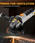 Tough As Nails 4.5 Inch Plug And Play Corded Angle Grinder with ventilation opening for cooling during use.