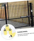 4 Pack Nylon Pulley Block for Sliding Doors and Gates displayed with an installed metal gate showing guiding wheels.