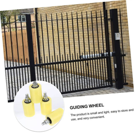 4 Pack Nylon Pulley Block for Sliding Doors and Gates displayed with an installed metal gate showing guiding wheels.