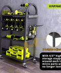 Beefy 4 Tier Rolling Tool Cart On Wheels With 8 To 12 Drill Holders Metal Utility Organizer For Garage Workshop And Warehouse