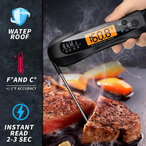 Instant Read Digital Meat Thermometer With Ultra Fast One Second Read, Waterproof Probe inserted in steak