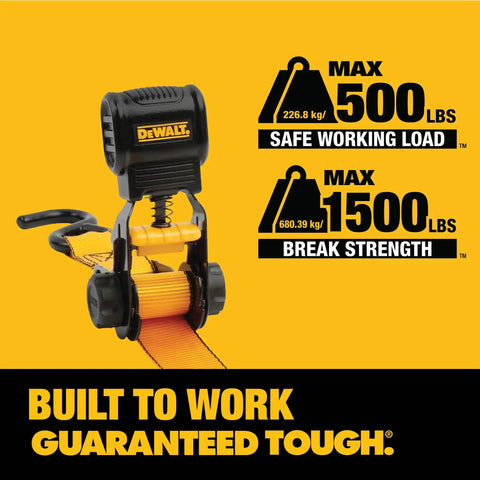 Close-up of Tough As Nails Ratchet Tie Down Straps showing ergonomic handle and weight capacity details on a yellow background.