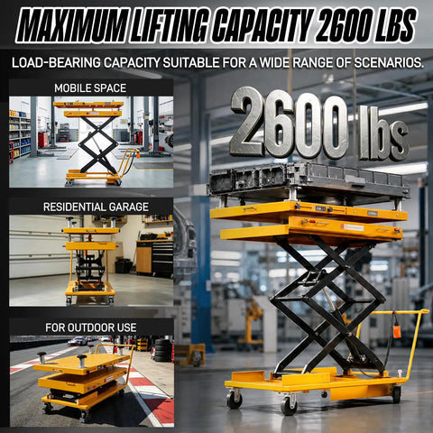 Heavy Hammer Electric Scissor Lift Platform Rated For 2600 Pounds with mobile utility in garage and outdoor settings.