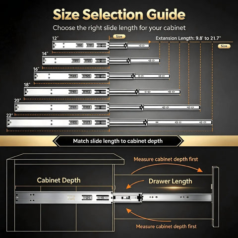 Size selection guide for 120 Lb Heavy Duty 22 Inch Side Mount Drawer Slides Full Extension Soft Close Glides with cabinet depth measurement.