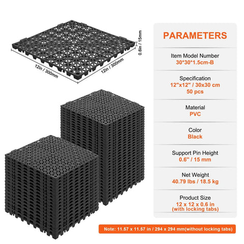 Interlocking Drainage Floor Tiles 50 Piece Set Black 12 By 12 Inch Soft PVC Mats With Non Slip Drain Holes For Restrooms, Bathrooms, Kitchens, Pools, And Wet Areas.