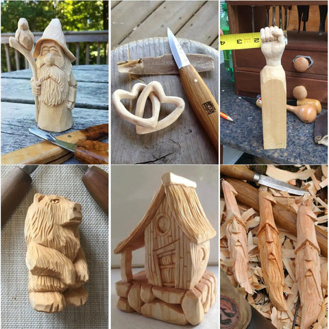 Unfinished Basswood Carving Blocks 10x3x3 Inches For Diy Woodworking And Home Crafts Ideal For School Projects Arts And Crafts And Christmas Decor Smooth Grain Durable Blocks For Easy Carving For Diyers shown as various carved figurines.