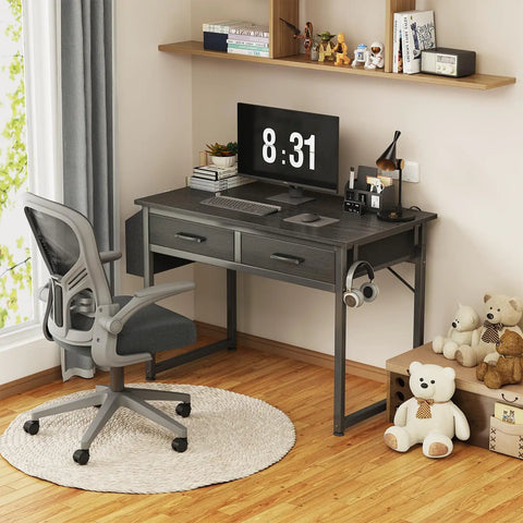 Compact Gaming Desk With Fabric Drawers For Bedroom Or Dorm, 32 inch study table, black with dual fabric drawers, setup in home office.