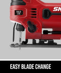 Badass Six Amp Corded Jigsaw With No Sweat Tool Swap And Four Stage Orbital Action Plus Slick Variable Trigger for easy blade change view.