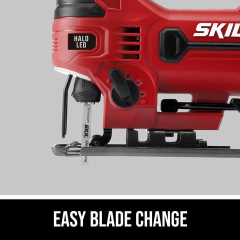Badass Six Amp Corded Jigsaw With No Sweat Tool Swap And Four Stage Orbital Action Plus Slick Variable Trigger for easy blade change view.