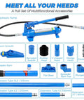 4 Ton Hydraulic Porta Power Kit For Truck And Car Frame Repair Includes Heavy Duty Auto Body Jack With 3.9 Ft Hose And Storage Case Ultimate Garage Tool components and accessories displayed.