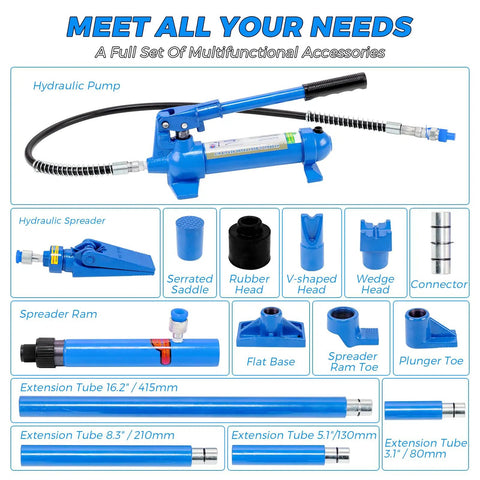 4 Ton Hydraulic Porta Power Kit For Truck And Car Frame Repair Includes Heavy Duty Auto Body Jack With 3.9 Ft Hose And Storage Case Ultimate Garage Tool components and accessories displayed.