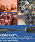 13 Piece Bolt Extractor Set With Half Inch Drive Impact Lug Nut Remover Socket Tool Center Punch Bar For Damaged Frozen Rusted Rounded Off Bolts And Screws Built Tough shown with socket and punch bar, rusted gears and bolts in background.