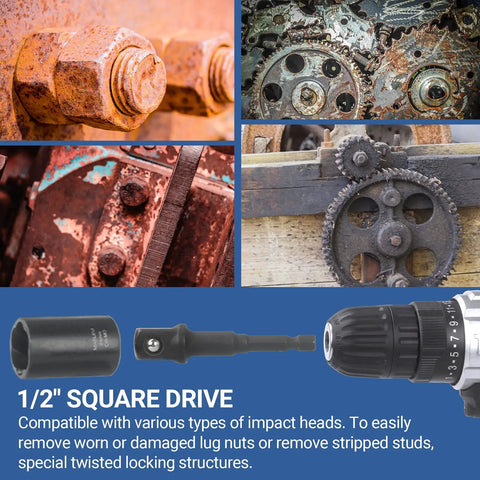13 Piece Bolt Extractor Set With Half Inch Drive Impact Lug Nut Remover Socket Tool Center Punch Bar For Damaged Frozen Rusted Rounded Off Bolts And Screws Built Tough shown with socket and punch bar, rusted gears and bolts in background.