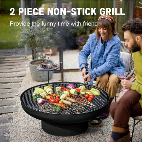 Two people cooking on a 32 Inch Fire Pit Table With Lid Heavy Duty Deep Fire Bowl For Outdoor Wood Burning Grill And Patio Bonfire Perfect Backyard Party Portable Weatherproof Cover Included