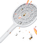 Electric Fly Swatter Bug Zapper Racket For Indoor And Outdoor Use With Dense Three Millimeter Mesh And Apple Like Weight AA Battery Powered Not Included Pro Swat Tips For Quick Safe Insect Knockouts Great For Camping And Backyard Use, white color, visible insects being zapped