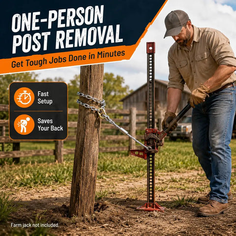 Man using the Heavy Duty Fence Post Puller Kit For T Posts And 4x4 Wood Posts With 10000 Lbs Cable Pro Farm Jack Extractor