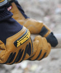 Rugged Rolltop Seamless Fingertips Leather Work Gloves With Kevlar Reinforcements for Maximum Dexterity gripping a wooden handle