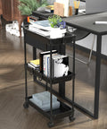 Slim 3 Tier Rolling Storage Cart for Narrow Spaces Black Metal Frame with Easy Glide Casters Portable Organizer in office