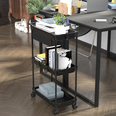 Slim 3 Tier Rolling Storage Cart for Narrow Spaces Black Metal Frame with Easy Glide Casters Portable Organizer in office