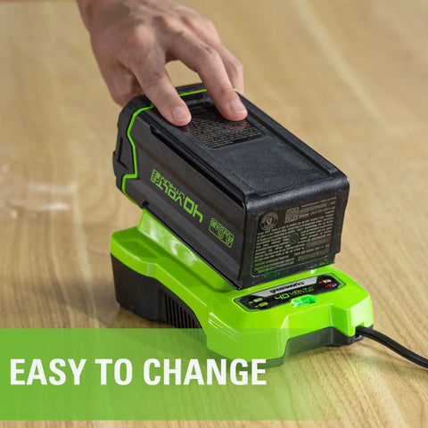 Person placing battery on 40V Li Ion Battery Charger With Diagnostic LED And Wall Mount For Fast Charge Of 2.0Ah Packs In 60 Minutes