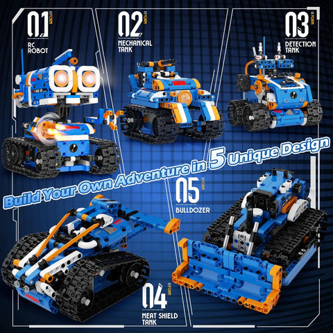 5 In 1 STEM Robot Building Kit With 560 Pieces For Ages 8 12 App Controlled Remote Control Coding Toys with robot, tank, bulldozer models