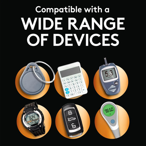Heavy Duty Cr2032 Lithium Coin Battery 3V 4 Pack Pumps Up The Juice For Apple Airtag Car Key Fob Fitness Tracker Glucose Monitor And Tire Pressure Sensors displayed with devices powered by batteries.