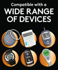 Heavy Duty Cr2032 3V Lithium Coin Batteries 8 Pack shown with devices like key fobs, watches, and calculators, illustrating compatibility.