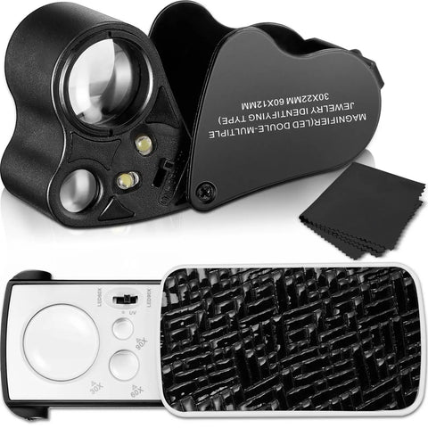 Two Pack Dope Illuminated Jewelers Loupe Set With 30X 60X 90X Magnifications UV Black Light And Bright LED Light Diamond Gem Coin Stamp Rock Inspection Magnifier Eye Loupe With Cloth Pocket Handheld Jewelry Loupe