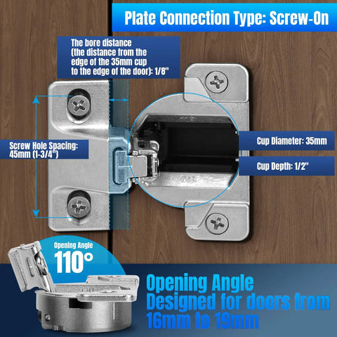 Concealed 33 Series Cabinet Hinges Replacement Kit For 30.310-11.02 Style Self Closing Screws On 110 And 120 Degree Angle 16 Pack Includes Wood Screws Mounting Plate Not Included DIY Friendly Kitchen Upgrade
