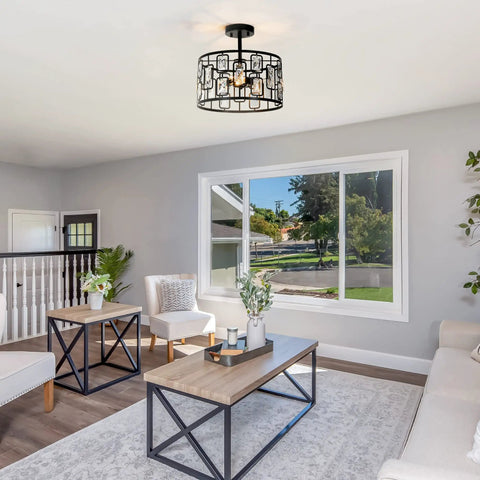 Room with Crystal Semi Flush Mount Ceiling Light With 3 Lights, Black Modern Contemporary Drum Pendant Chandelier For Dining Room