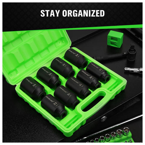 Beefy 9-Piece Half Inch Impact Axle Nut Socket Set, Deep Metric Sockets in green case, CR-V Steel, Heavy-Duty Wheel Nut Sockets