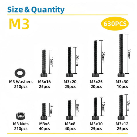 All In One M3 Screws Assortment Kit With Nuts And Washers, includes 210 washers, M3 hex screws in various sizes, 630 pieces set.