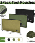 3 Pack Premium Tool Pouches With Zippers And Carabiners 10 Inch Flat Bottom Pouches for Tools in Tan Navy Green Black