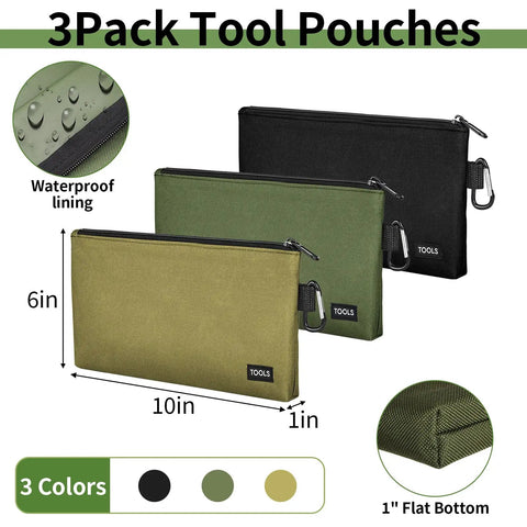 3 Pack Premium Tool Pouches With Zippers And Carabiners 10 Inch Flat Bottom Pouches for Tools in Tan Navy Green Black