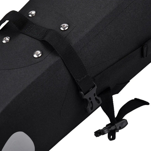 Close-up of black 10L Waterproof Bike Saddle Bag With Roll Top Closure, adjustable strap and durable PVC TPU material.