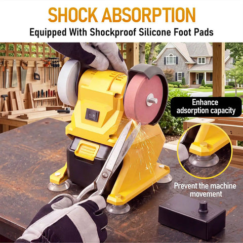 Pro Grade Cordless Bench Grinder With Dual 3 Inch Grinding Wheels and Sturdy Guard Prime for Knives Drills and Rust Stripping, with shockproof foot pads.