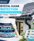 Straight Up Clear Waterproof Sealant And Invisible Leak Fix Coating For Concrete Walls Roofs Pipes Flexible Transparent Cover Indoors Outdoors Dead Simple Moisture Barrier in a container with brush.