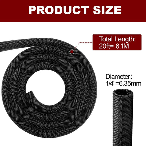 Pro Grade High Temp Braided Wire Loom For Cars And Trucks, Split Sleeve Heat Resistant Wiring Cover shown coiled, 20ft length, 1/4 inch diameter.