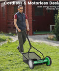 Man using 14 Inch Manual Push Reel Lawn Mower With 5 Steel Blades, 7 Gallon Removable Grass Bag in a garden