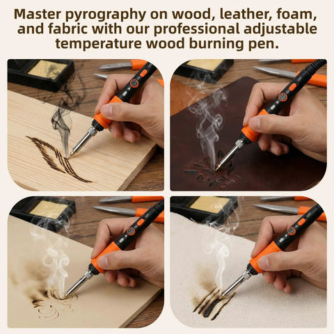 All In One Wood Burning Kit For Beginners And Newbies With Adjustable Temperature Pen Includes 14 Tips, Stand, Gloves, 24 Watercolor Paints, Stencils, Carbon Papers, Sketch Papers, Pencils And 11 Wood Surfaces For DIY Projects, Crafts, And Home Decor showing pyrography tool in use on wood, leather, foam, and fabric