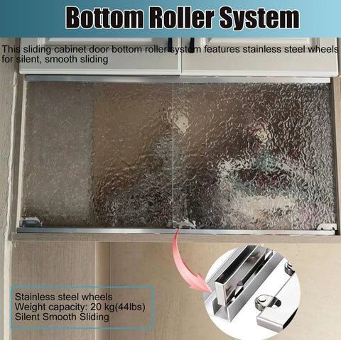 Double Display Case Sliding Door Track With Rollers Aluminum Rail System for glass cabinets, stainless steel wheels, 20kg load