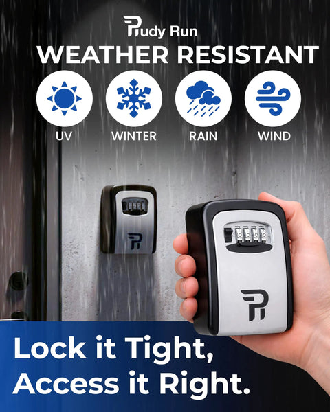Beefy Outdoor Key Lock Box Wall Mounted With 4-Digit Code Heavy-Duty Weatherproof Key Safe shown in hand and mounted on wall.