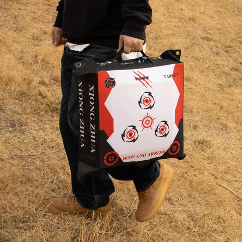 Person carrying Durable Portable Bag Archery Target 40x40 With High Density Core And Removable Inner Core Refills For Recurve And Compound Bow